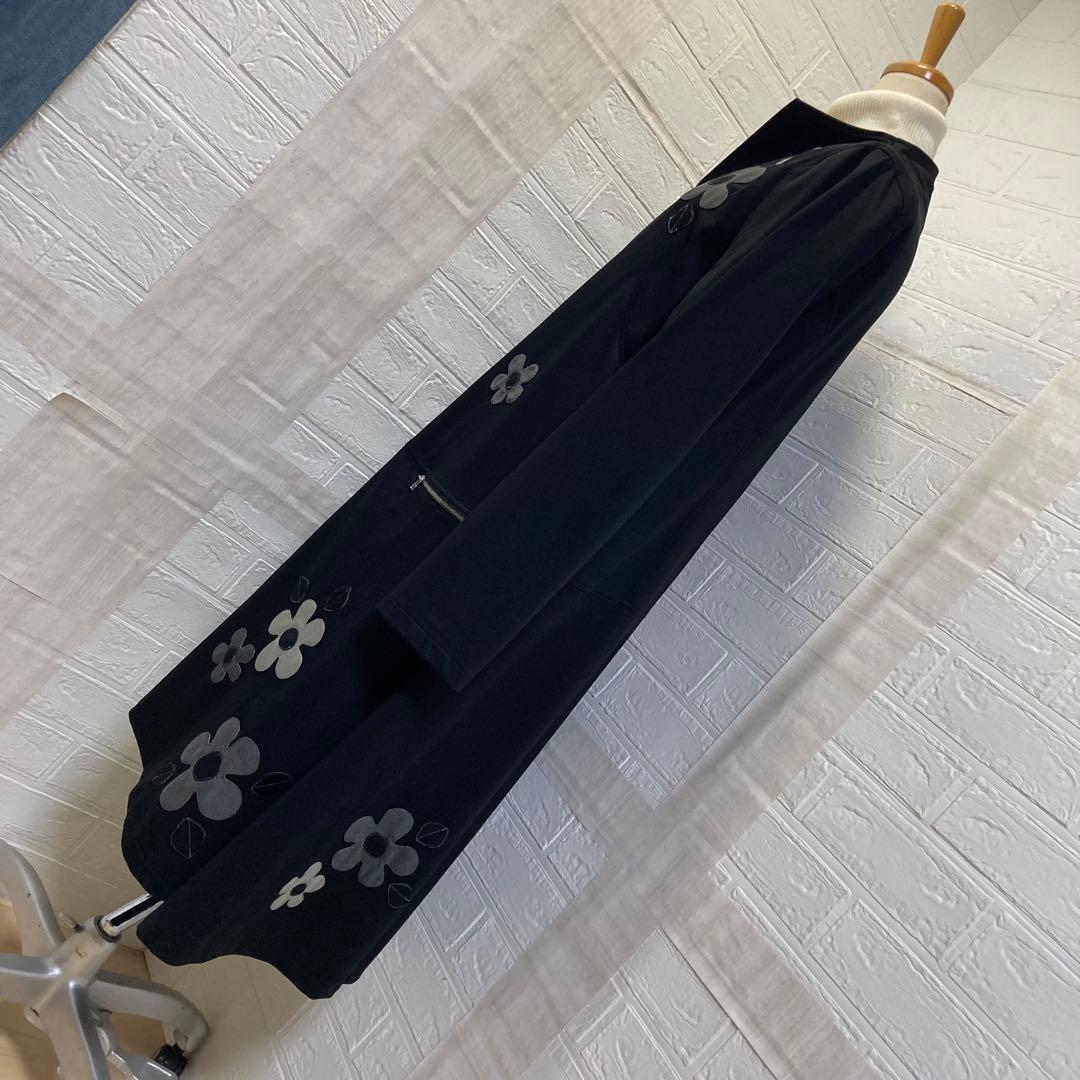 【美品】　Bel Paci 黒ロングコート　Lサイズ　お花アップリケが可愛い