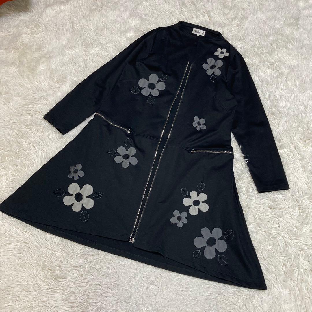 【美品】　Bel Paci 黒ロングコート　Lサイズ　お花アップリケが可愛い