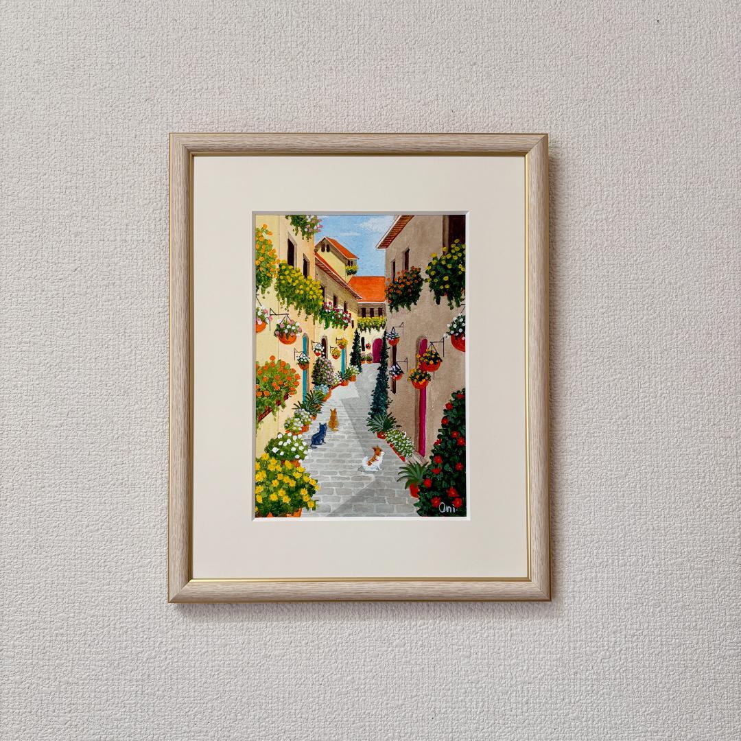 アクリル画 原画 「花の咲く路地11」額縁付 SMサイズ 風景画