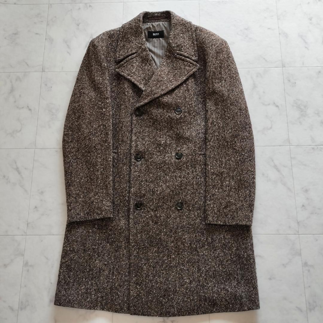 ヒューゴボス ツイードダブルブレストチェスターコート 52 XL ブラウン 秋冬