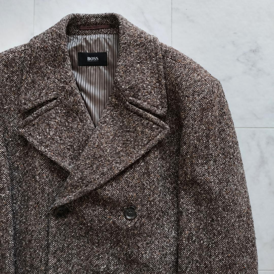 ヒューゴボス ツイードダブルブレストチェスターコート 52 XL ブラウン 秋冬