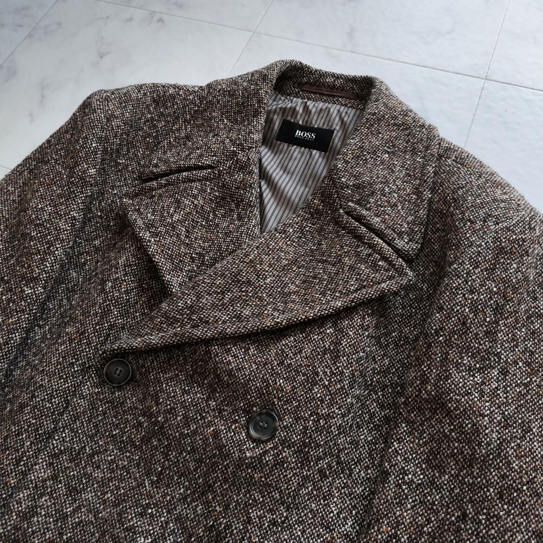 ヒューゴボス ツイードダブルブレストチェスターコート 52 XL ブラウン 秋冬