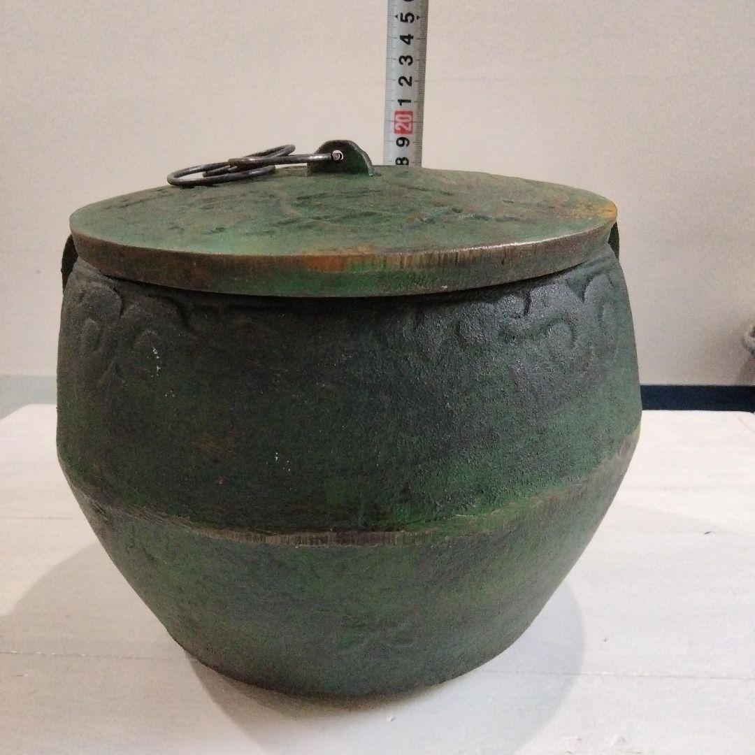 炭壺　鋳物　火消し壺　宝火消　金属器　緑色 uw01