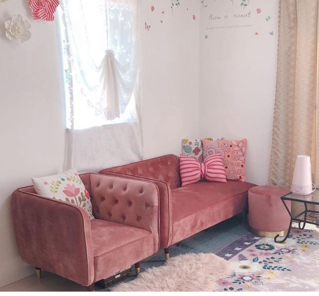 【美品】ロウヤソファ1人がけベルベッド　ピンク