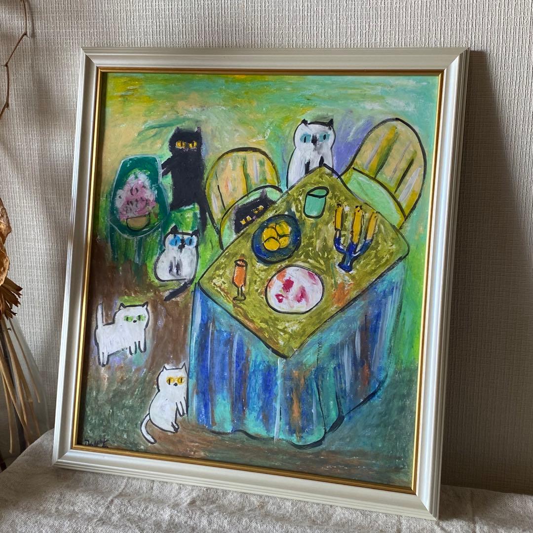 絵画 。壁掛け絵手描き【猫たちのデートの中で素敵なこと】