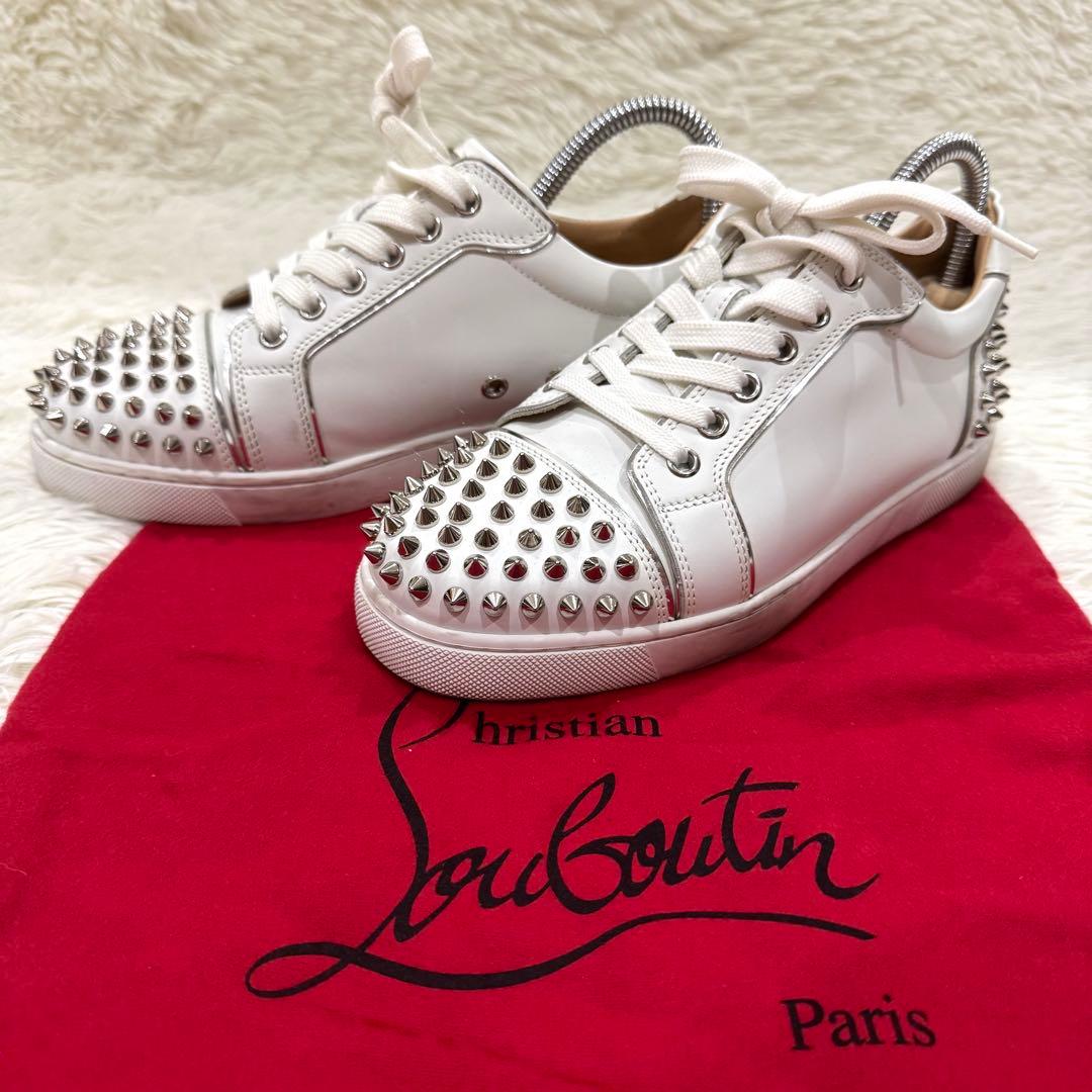 美品クリスチャンルブタンスタッズ ホワイト レースアップ シューズ 22.5
