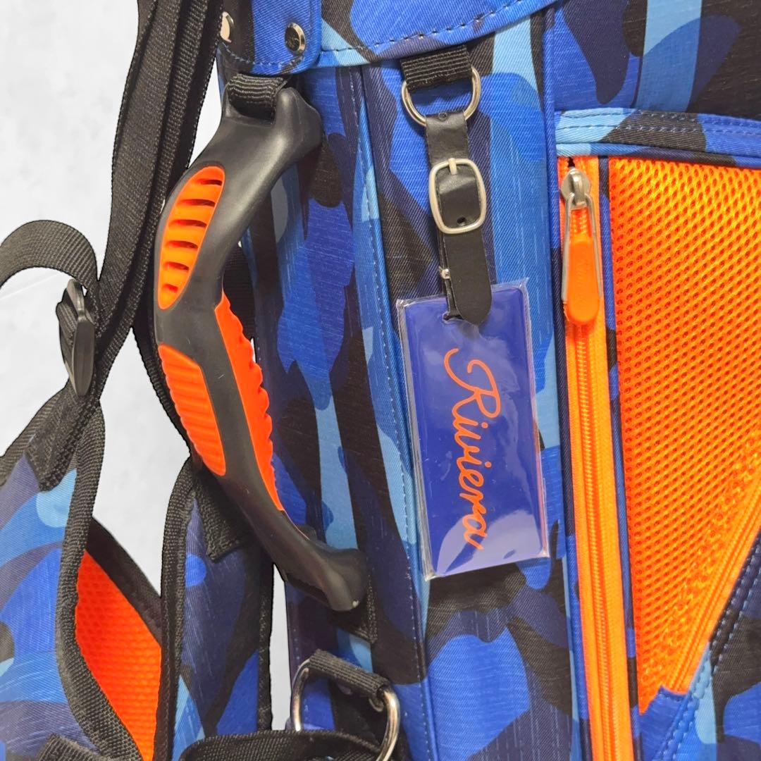 美品】Riviera キャディバッグ ネイビー/オレンジ 迷彩 - ゴルフバッグ