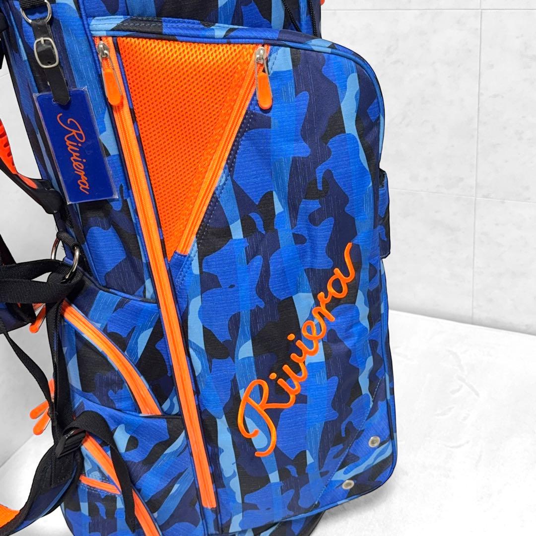 美品】Riviera キャディバッグ ネイビー/オレンジ 迷彩 - ゴルフバッグ