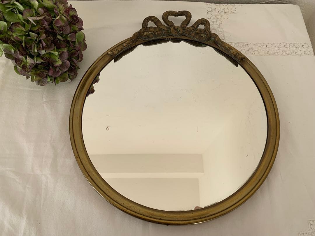 フランス　蚤の市　リボン装飾　ミラー　鏡　ブロカント