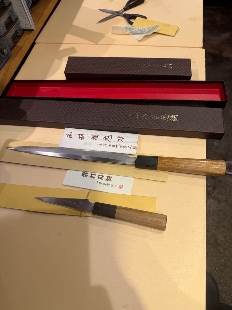 一竿子忠綱 本職包丁 薄 青鋼 ペティと柳のセットです