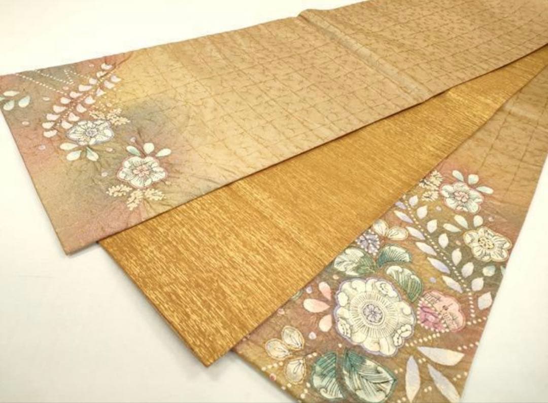 太鼓柄袋帯 ふくれ織 辻が花 金糸 正絹 花柄刺繍 袋帯 ベージュ系