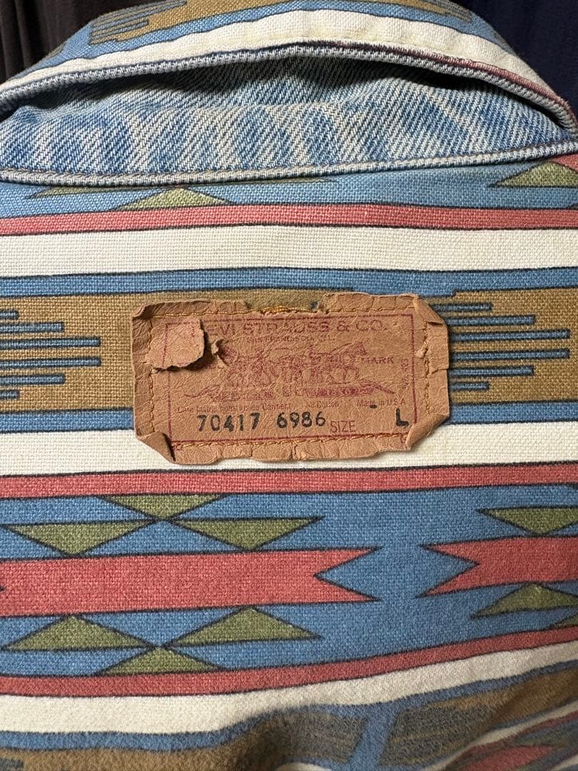 90s 希少柄LEVI'Sリーバイスネイティブ柄デニムジャケット L Gジャン