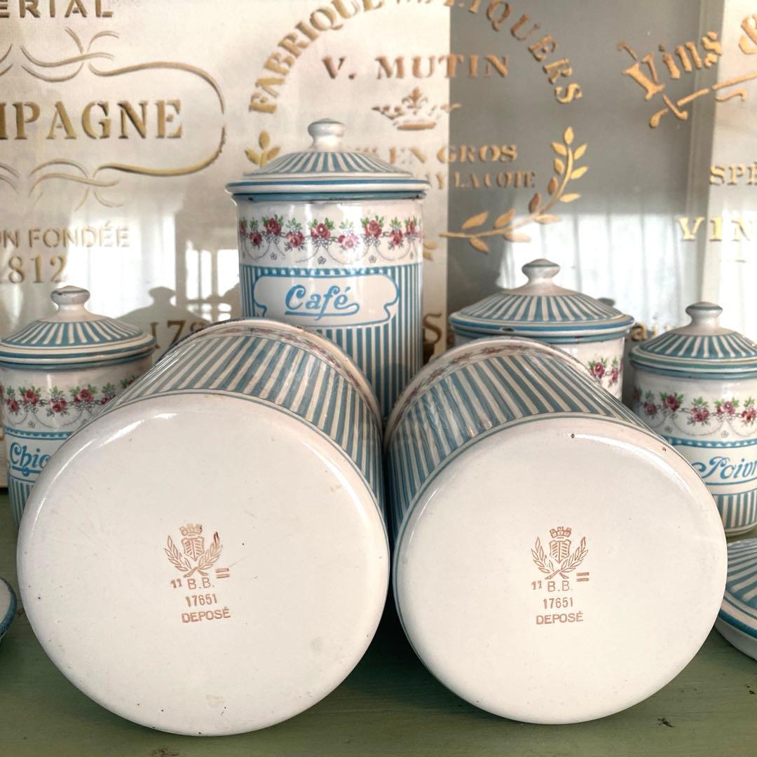 フランスアンティーク ホーロー キャニスター ローズバンド