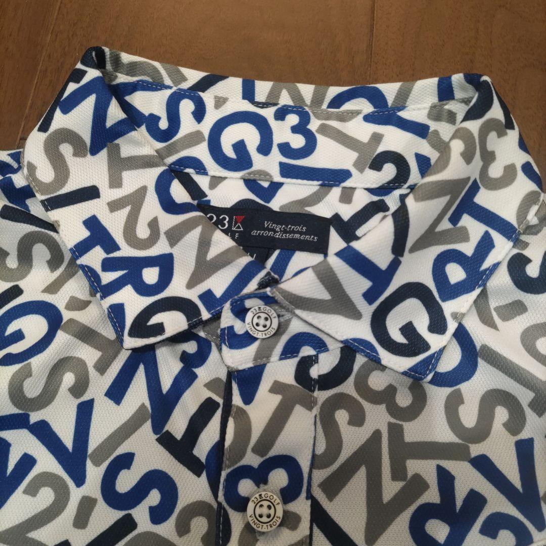 23区LLサイズゴルフウェア長袖シャツ 文字柄 ホワイト/ブルー/グレー