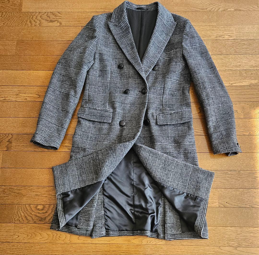 グレー チェック柄 ダブルブレスト チェスターコート　5351 プールオム　M