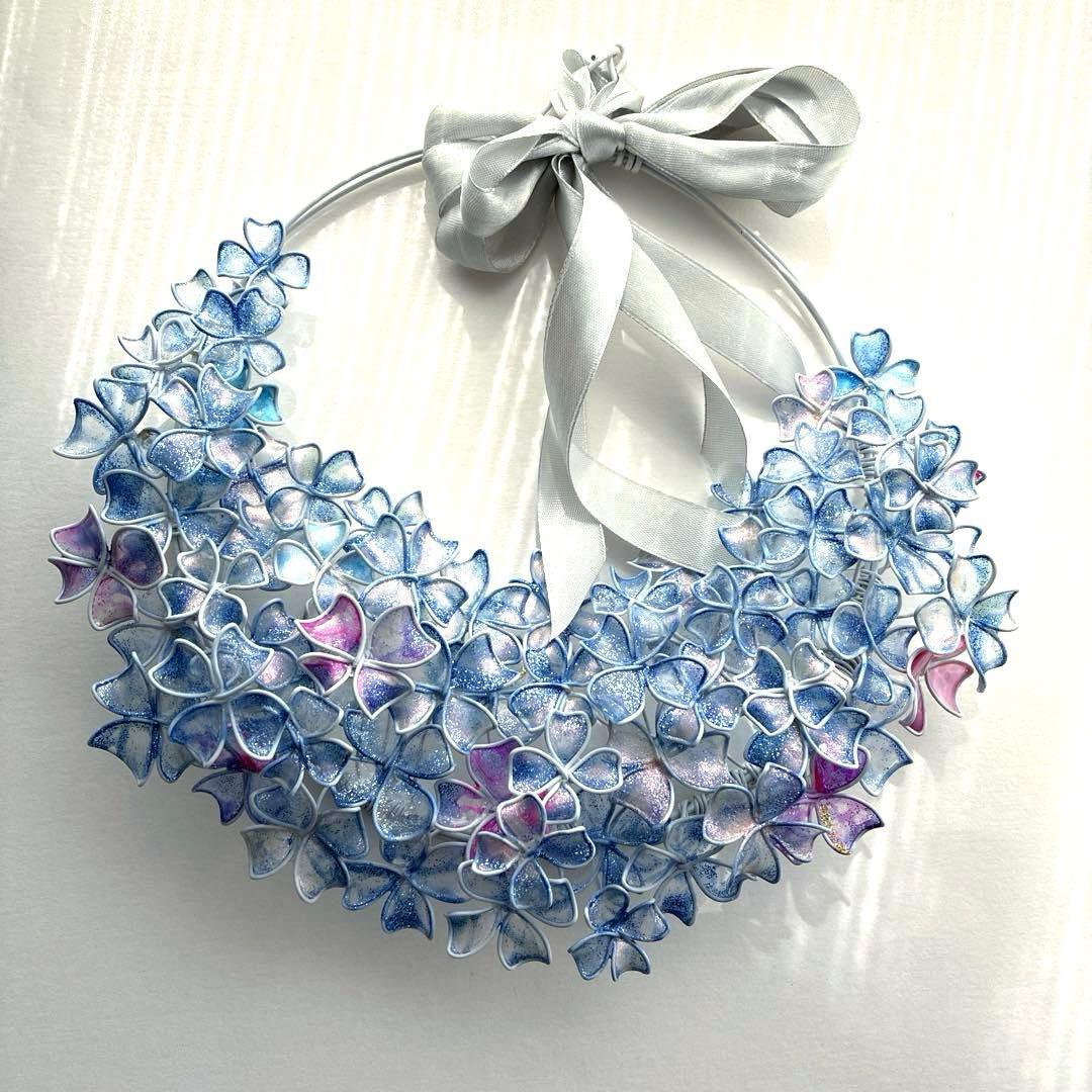 一点物　涼しげなブルー紫陽花リース　ワイヤークラフト　ディップアート　アート