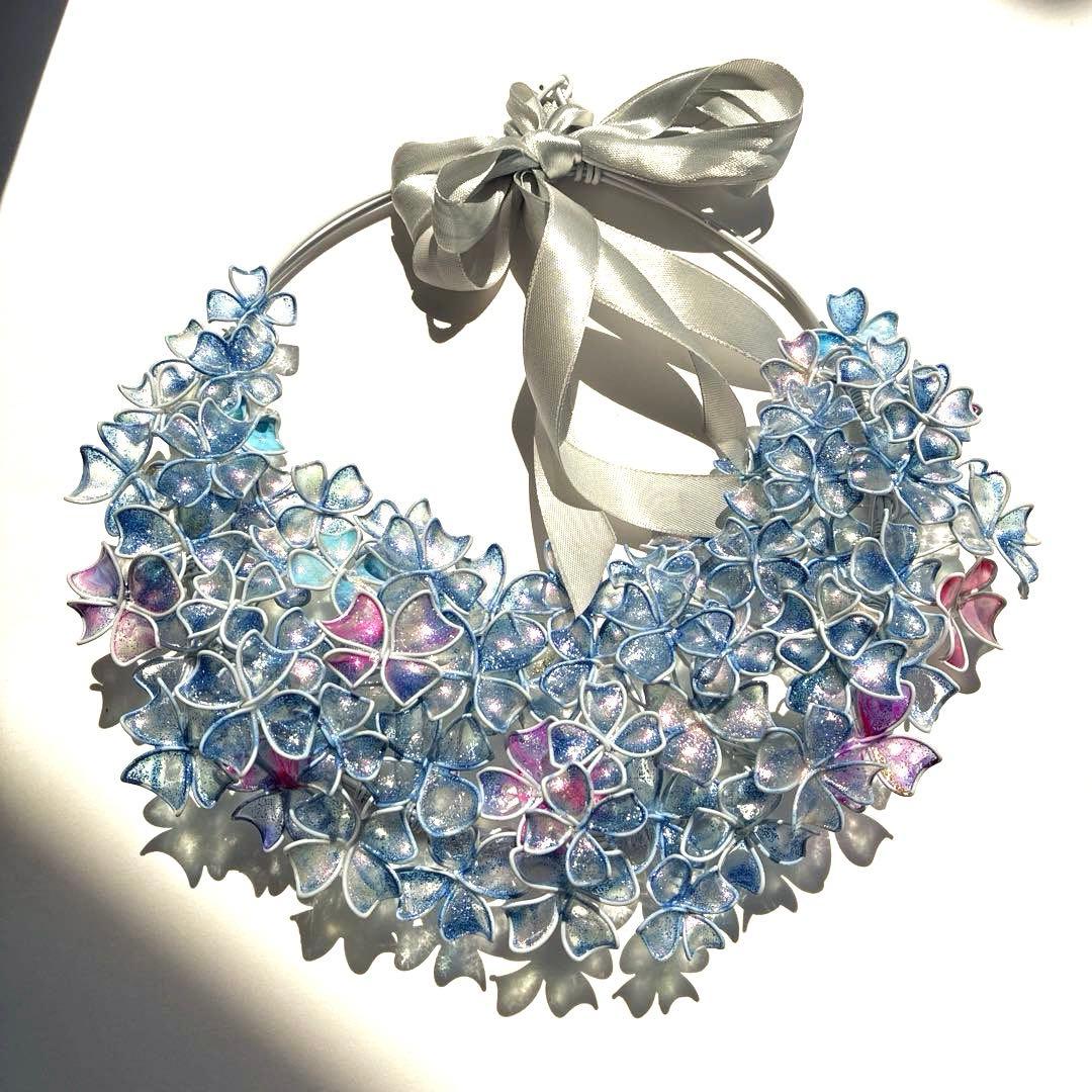 一点物　涼しげなブルー紫陽花リース　ワイヤークラフト　ディップアート　アート