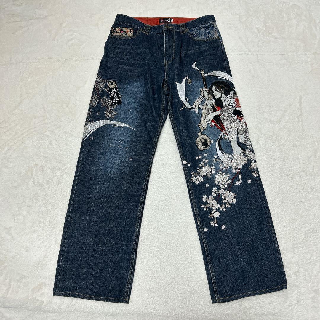 希少 Y2K 抜刀娘 大和 桜 刺繍 ワイド デニム パンツ 36インチ