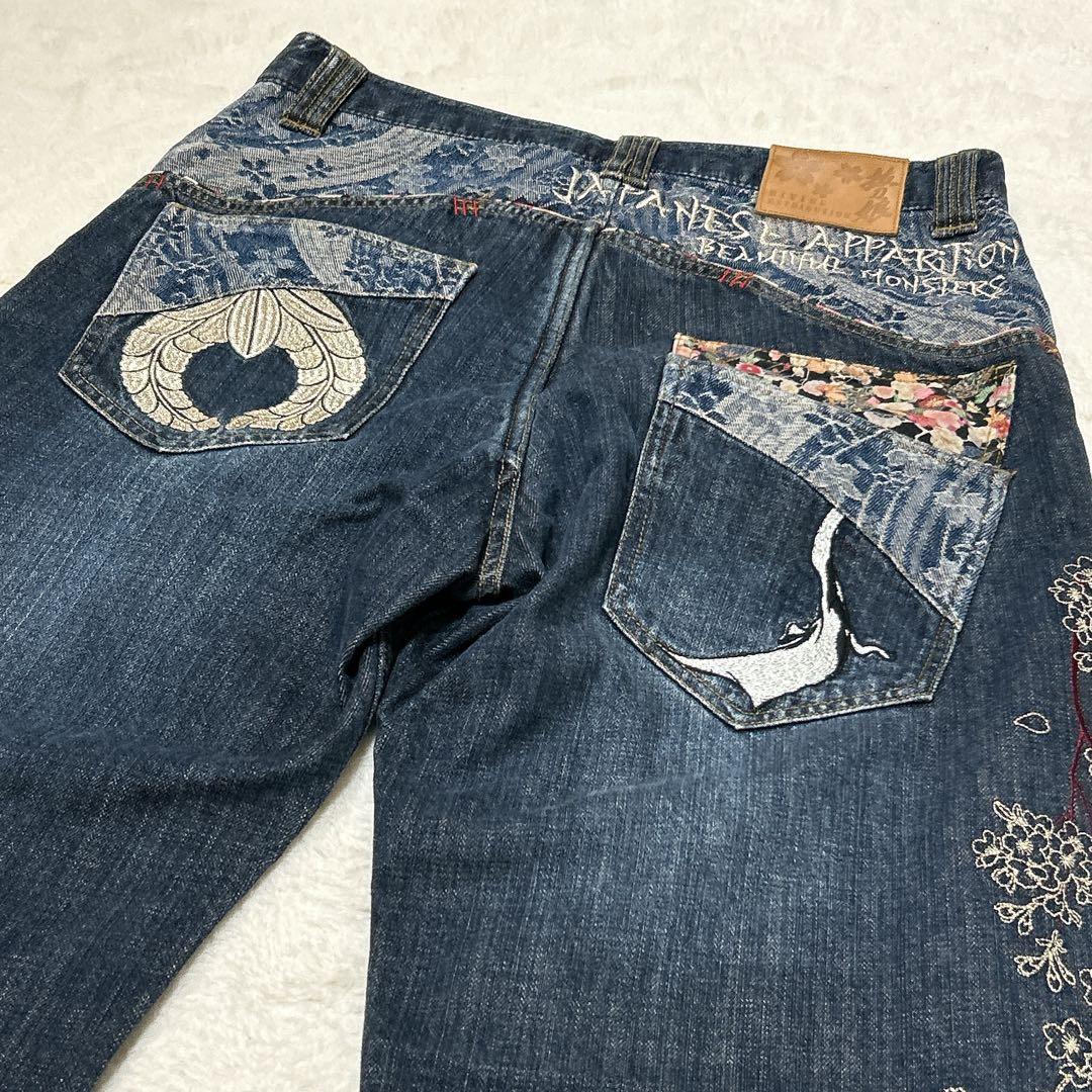 希少 Y2K 抜刀娘 大和 桜 刺繍 ワイド デニム パンツ 36インチ