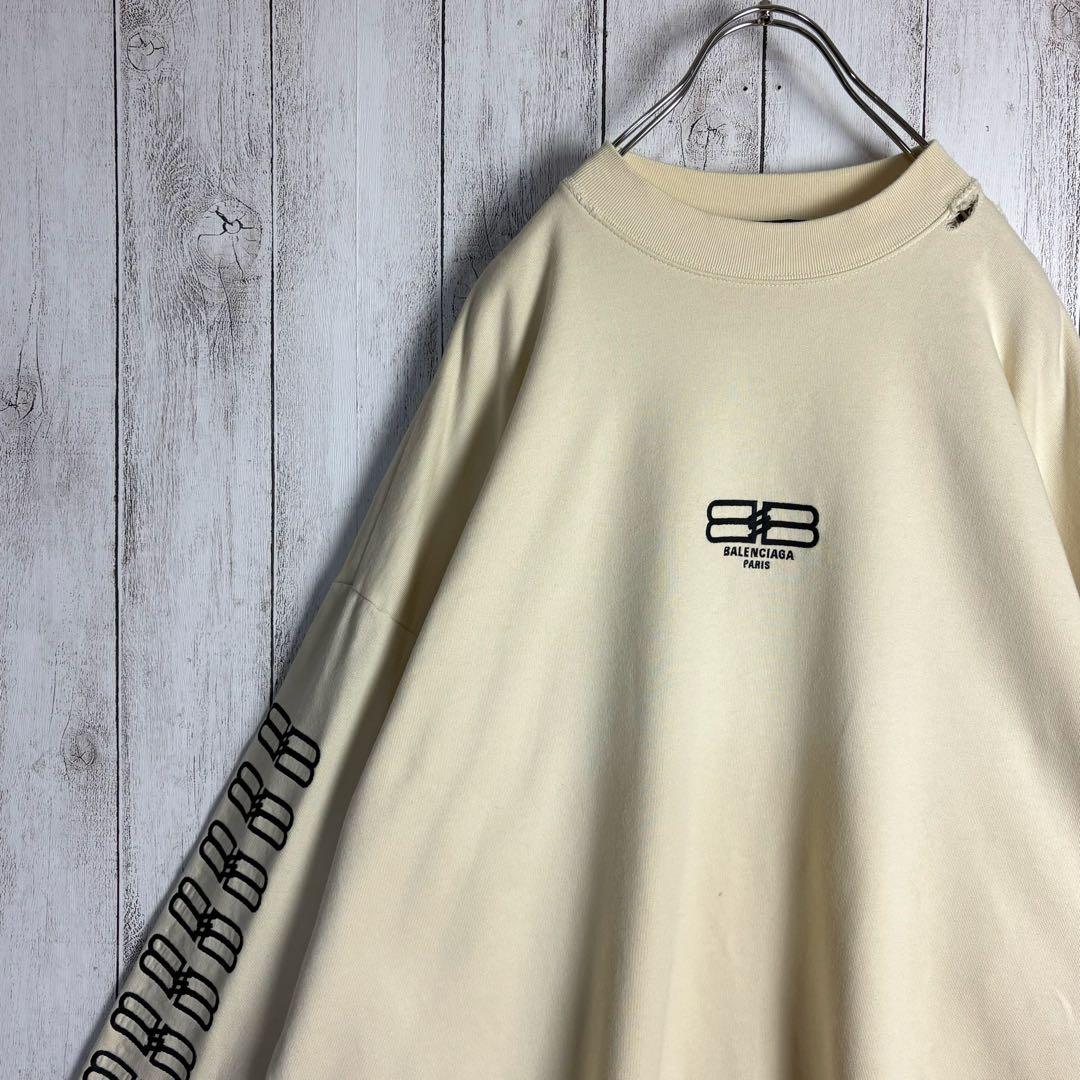 363【美品】バレンシアガ☆両袖BB刺繍ロゴダメージ加工スウェット ベージュ