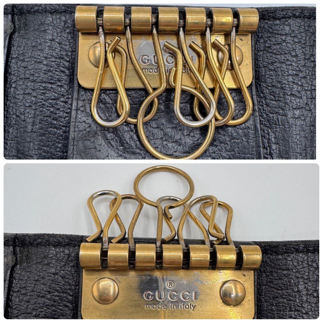 良品✨グッチ　キーケース　6連　アニマリエ　ビー　キーリング　金ロゴ　レザー　黒