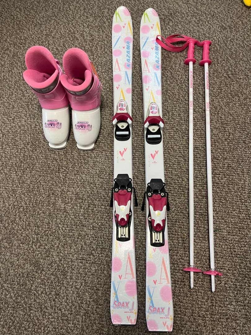 KAZAMA スキー板3点セット ホワイト/ピンク 子どもKAZAMA スキー板3点