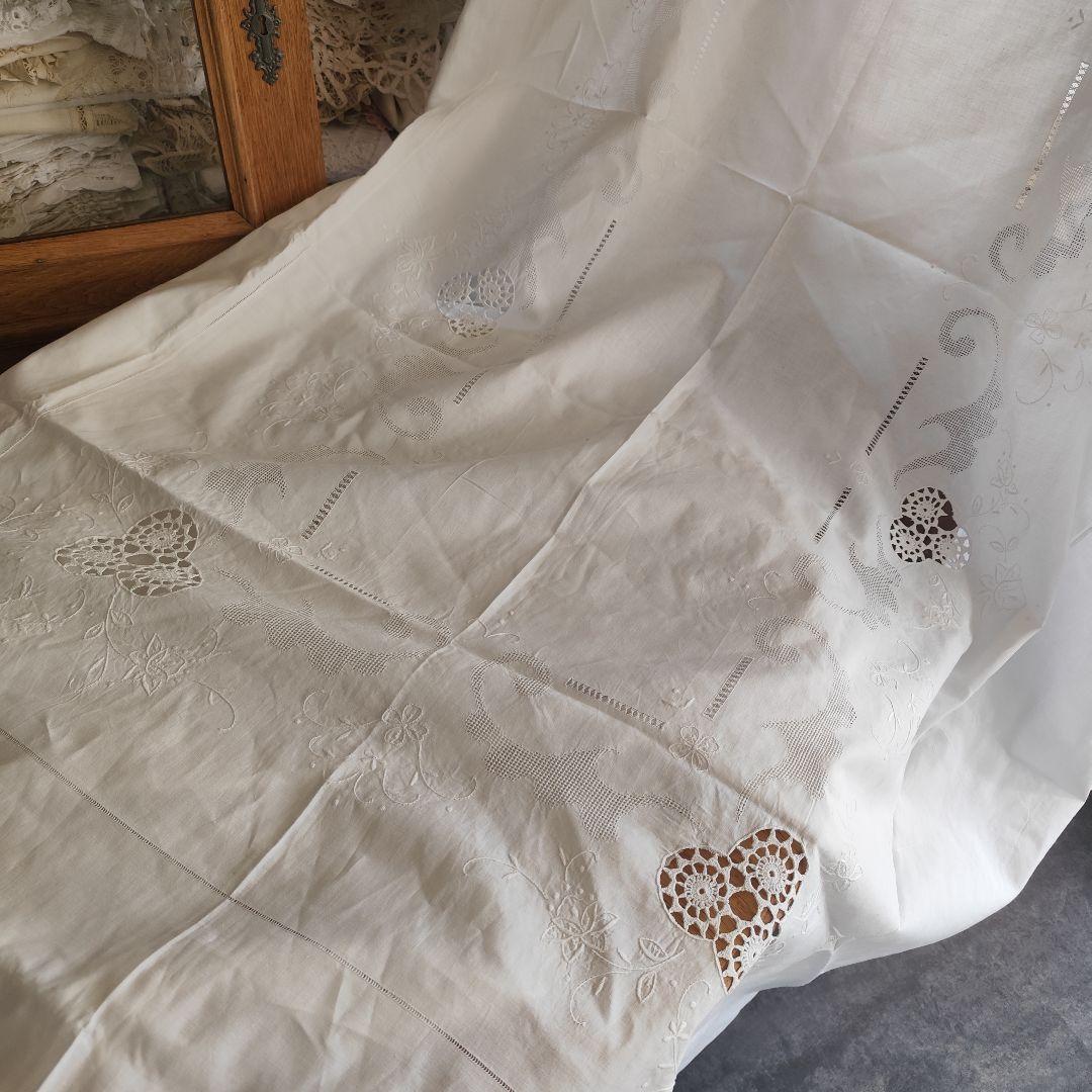 白糸手刺しゅう　ドロンワークはしご　イギリスヴィンテージ　大判　テーブルクロス