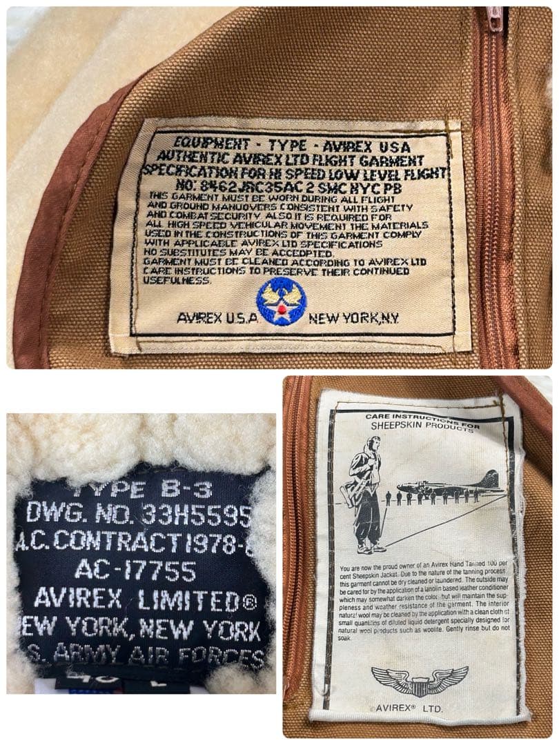 希少 AVIREX B-3 ムートンフライトジャケット 羊革 ブラウン 40 L