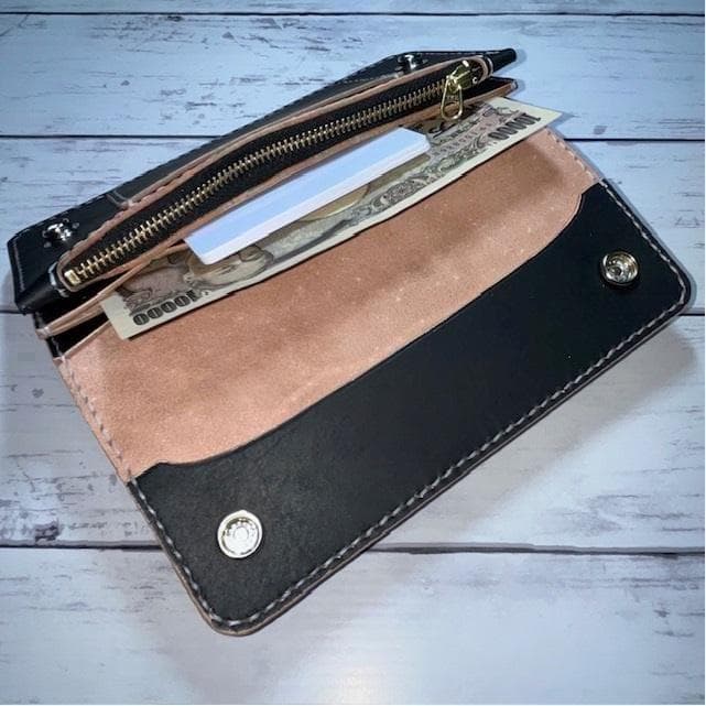 まーくん ロングトラッカーウォレット/姫路レザー茶芯黒色/ステッチ白色