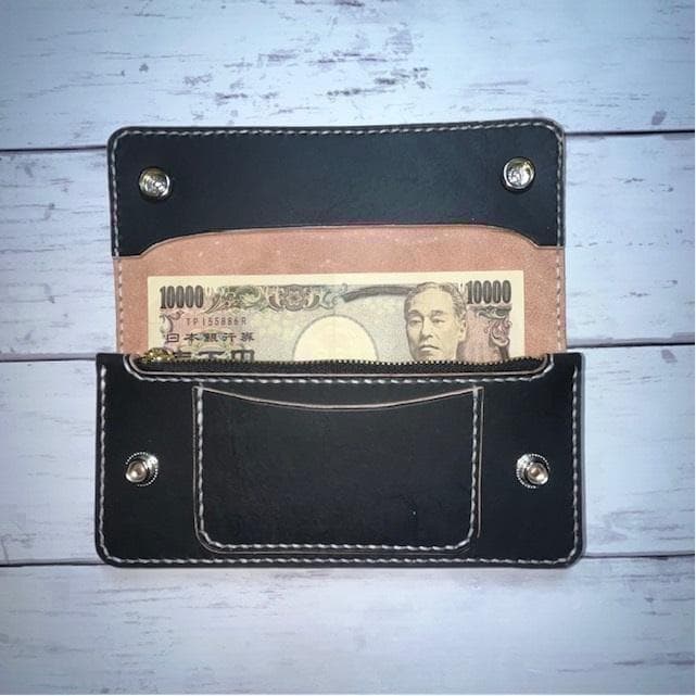 まーくん ロングトラッカーウォレット/姫路レザー茶芯黒色/ステッチ白色