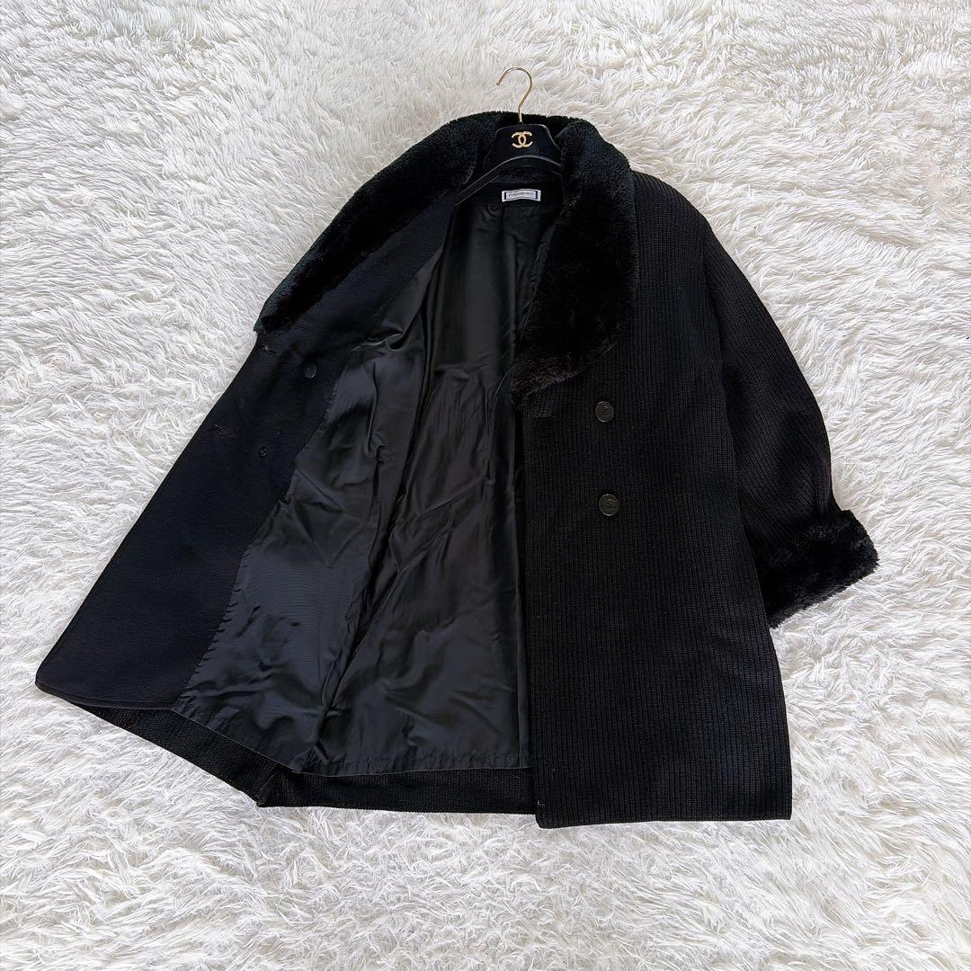 美品✨【YSL】ウール100%ファー付ダブルブレストコート ブラック 異素材 M