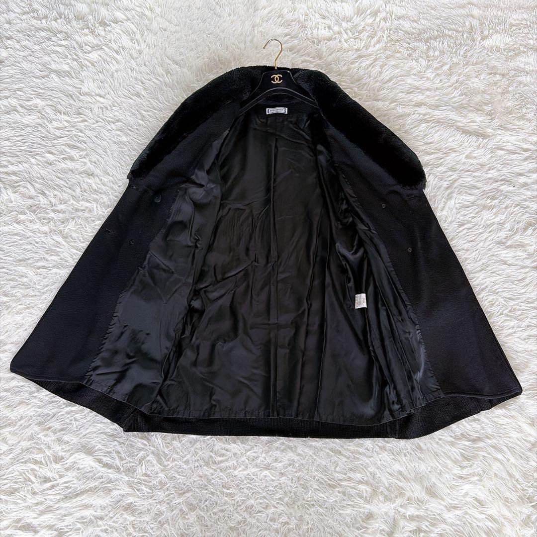 美品✨【YSL】ウール100%ファー付ダブルブレストコート ブラック 異素材 M