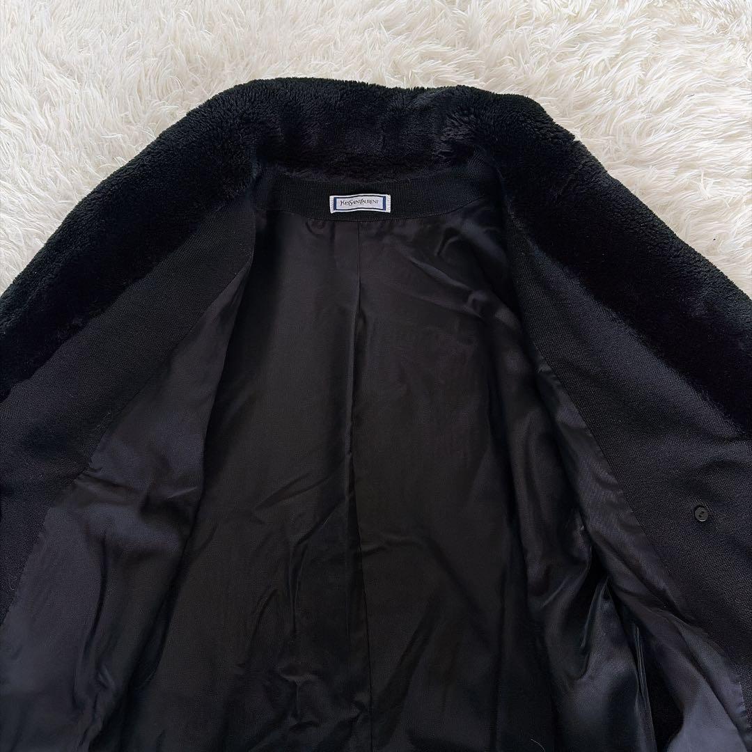 美品✨【YSL】ウール100%ファー付ダブルブレストコート ブラック 異素材 M