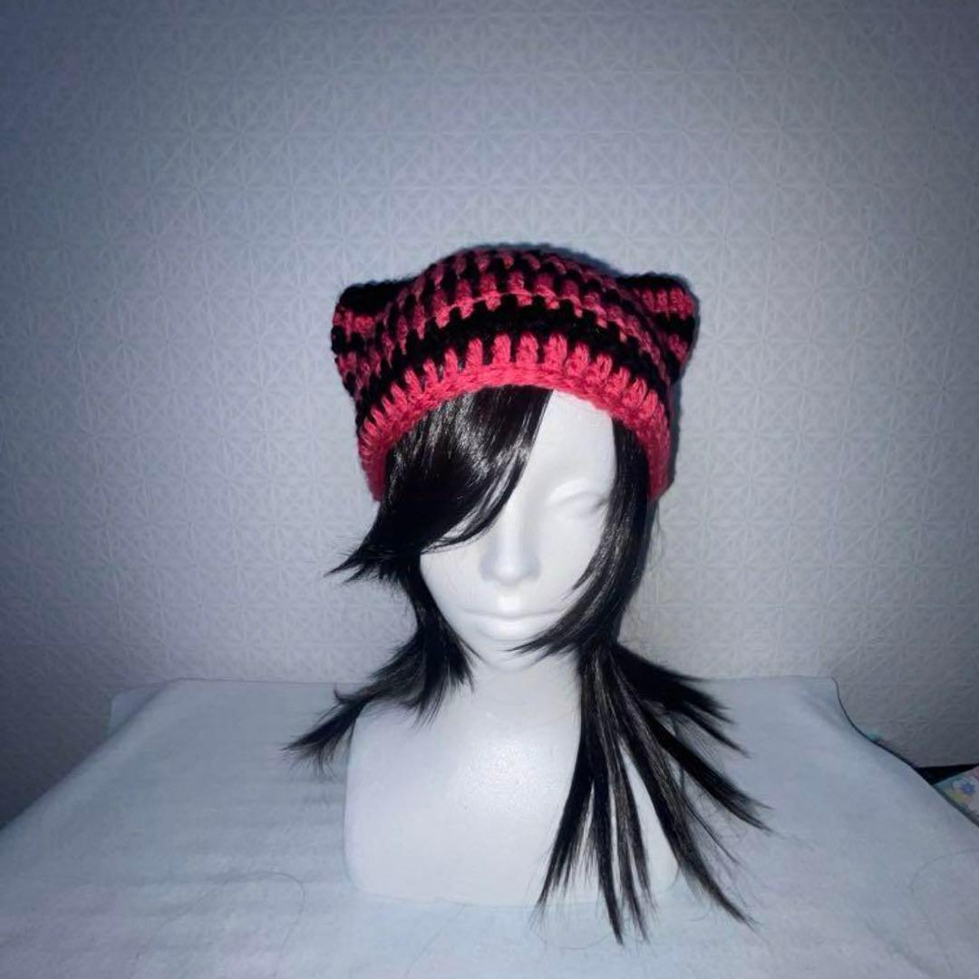 ピンク×黒 ボーダー パンクロック系 猫耳ニット帽 ビーニー - メルカリ