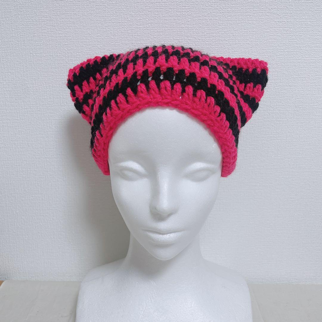 ピンク×黒 ボーダー パンクロック系 猫耳ニット帽 ビーニー - メルカリ