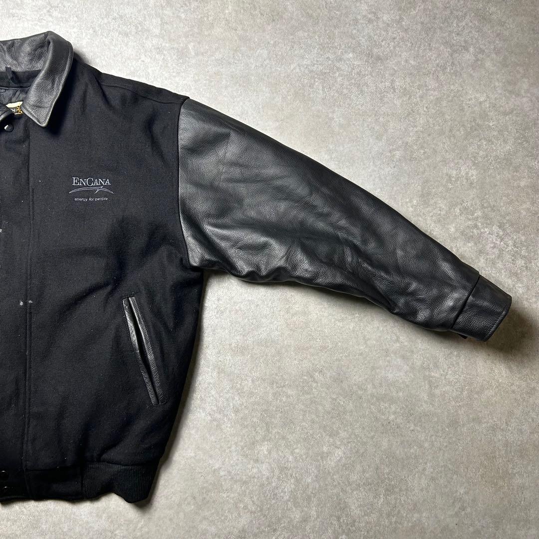 90s vintage オールブラックスタジャン 袖本革 レザー 企業物 刺繍