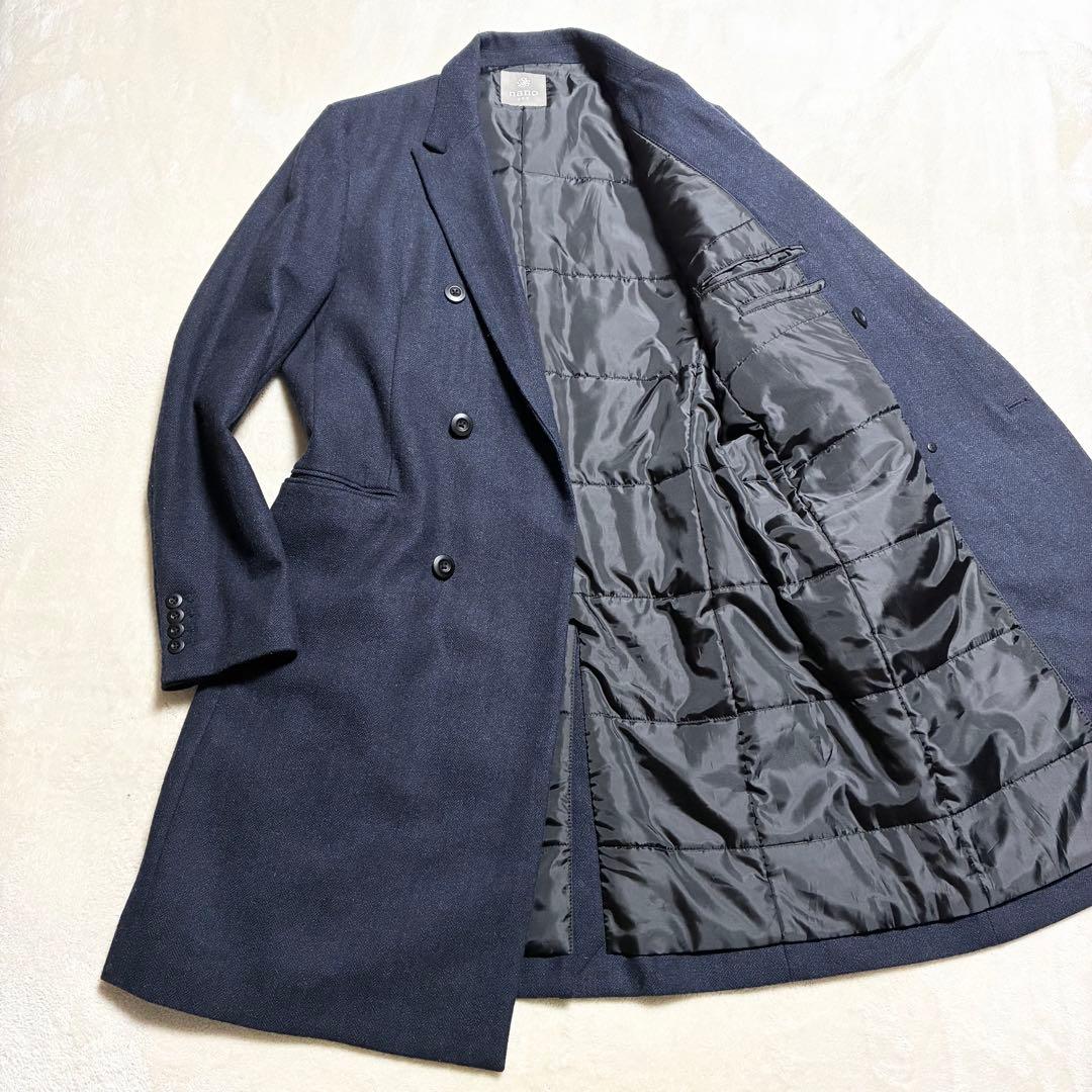 【美品】nano universe☆チェスターコート☆ダブル☆濃紺☆ヘリンボーン