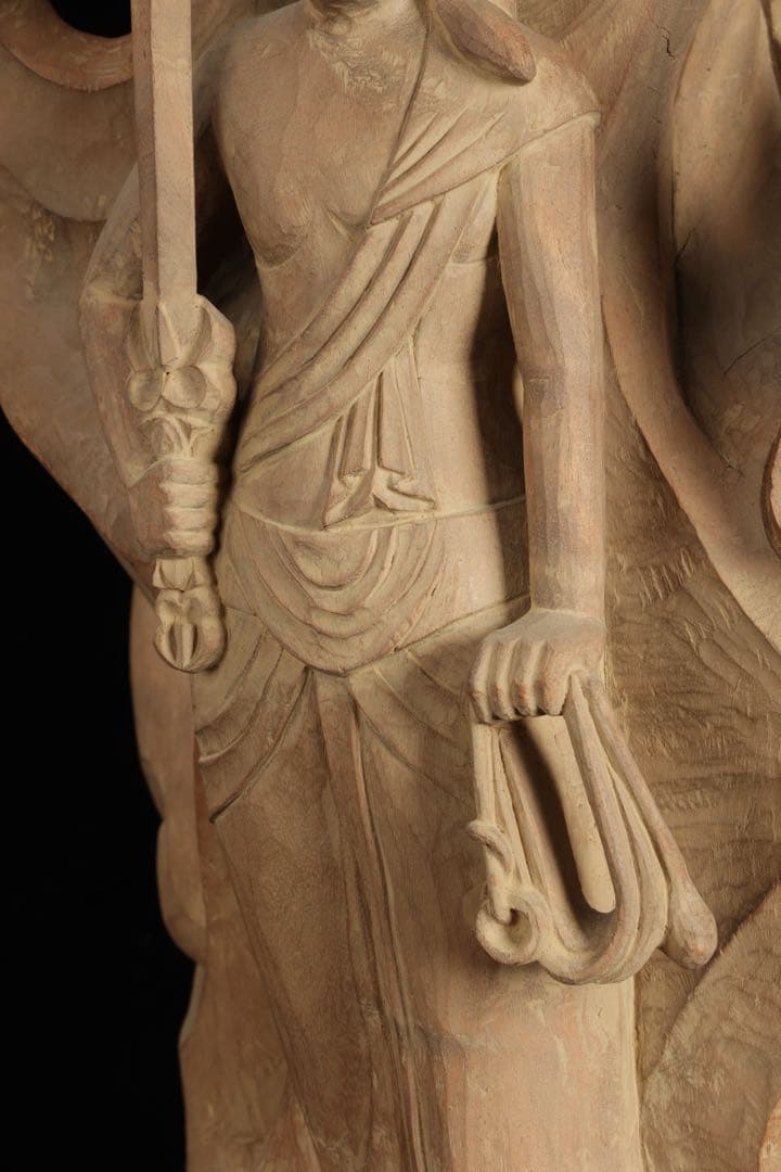 紺綬褒章受章 彫刻家【横山一夢】木彫 不動明王像「明王」49㎝ 置物 共箱 栞付