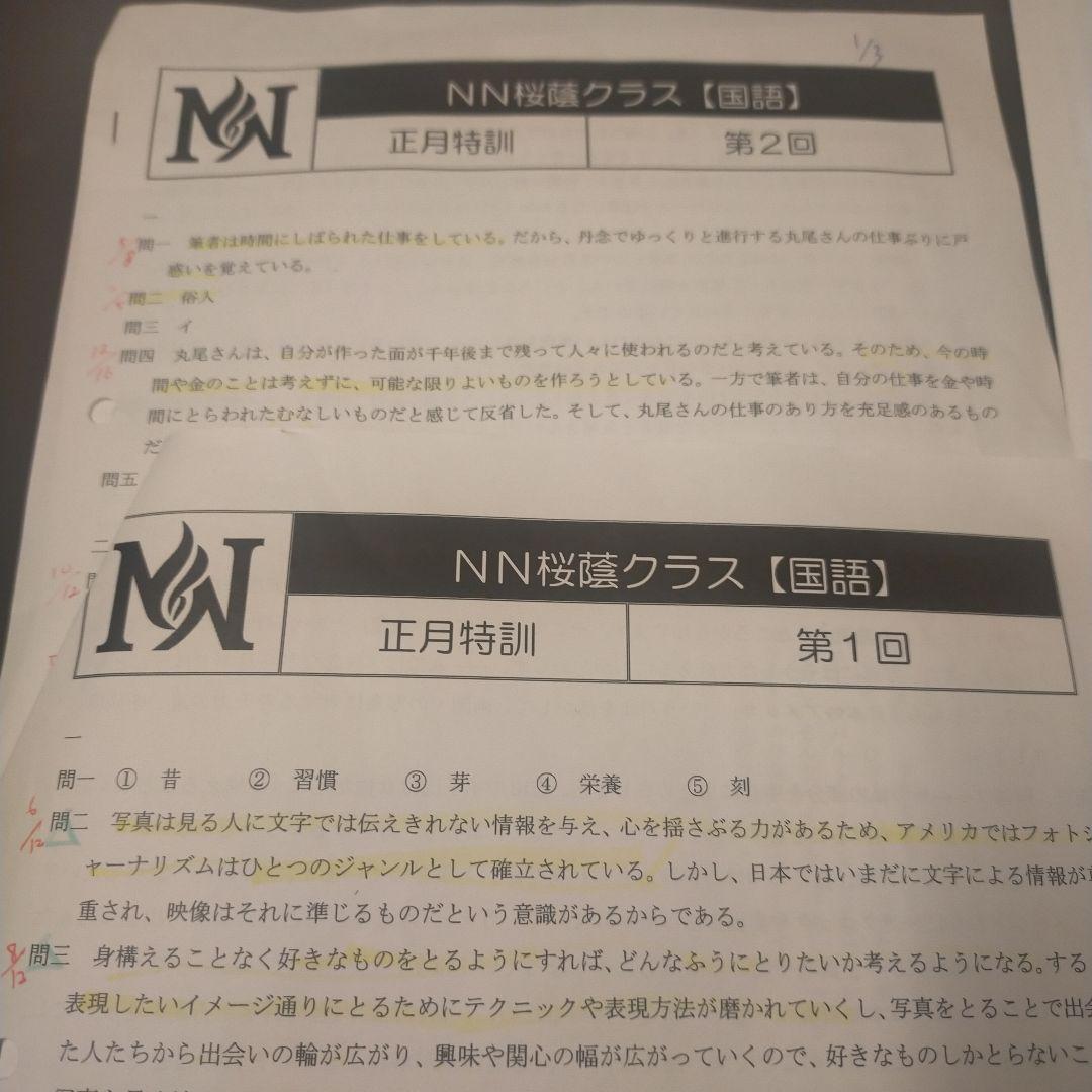 NN桜蔭クラス（土曜講座）国語　そっくりテスト1〜9 +正月特訓2回　解答付