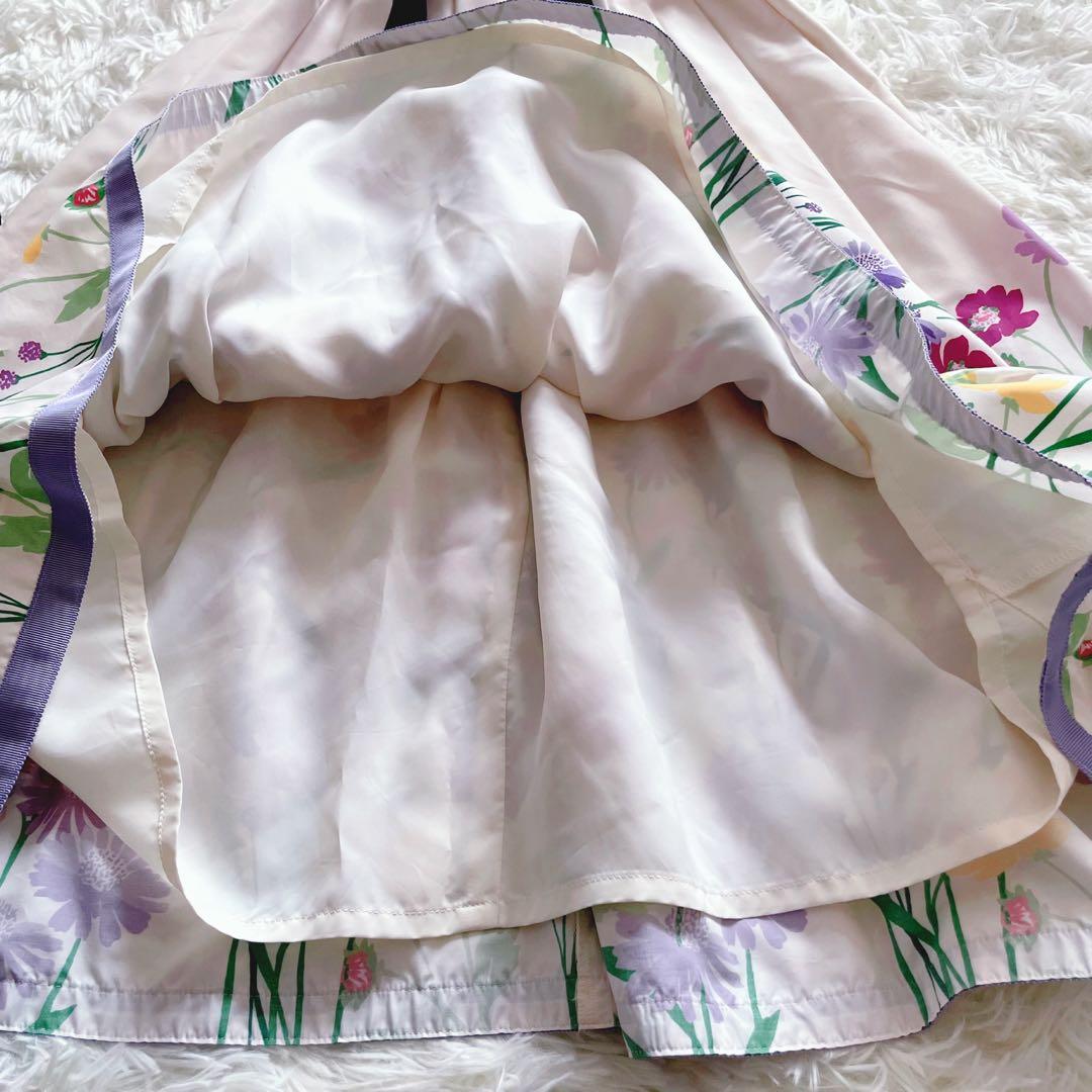 極美品 エムズグレイシー 半袖 膝丈ワンピース 花柄 リボン 36 パープル