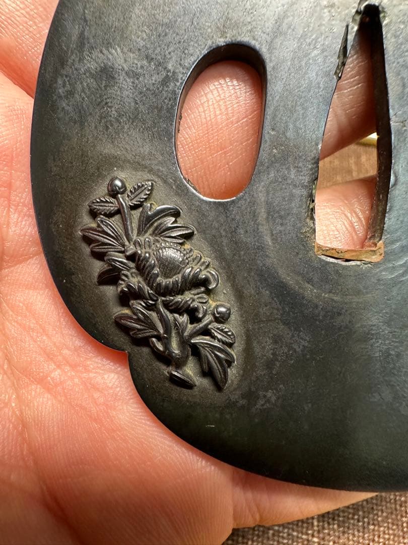 赤銅　鍔　つば　武具　象嵌　波兎　獅子牡丹　江戸時代　骨董古美術