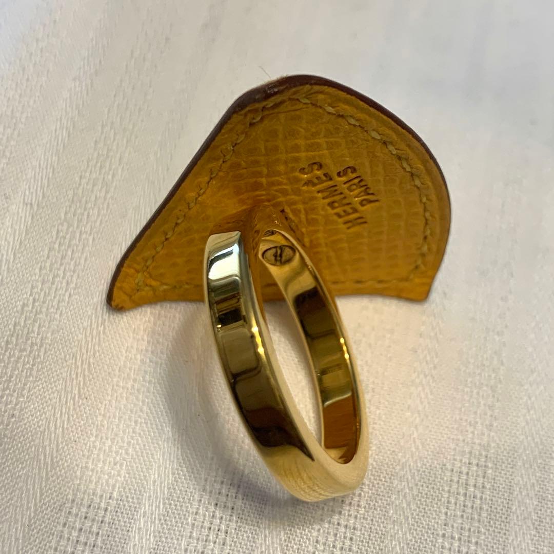 希少　エルメス　トライアングル　レザー　スカーフリング　イエロー　ゴールドメッキ