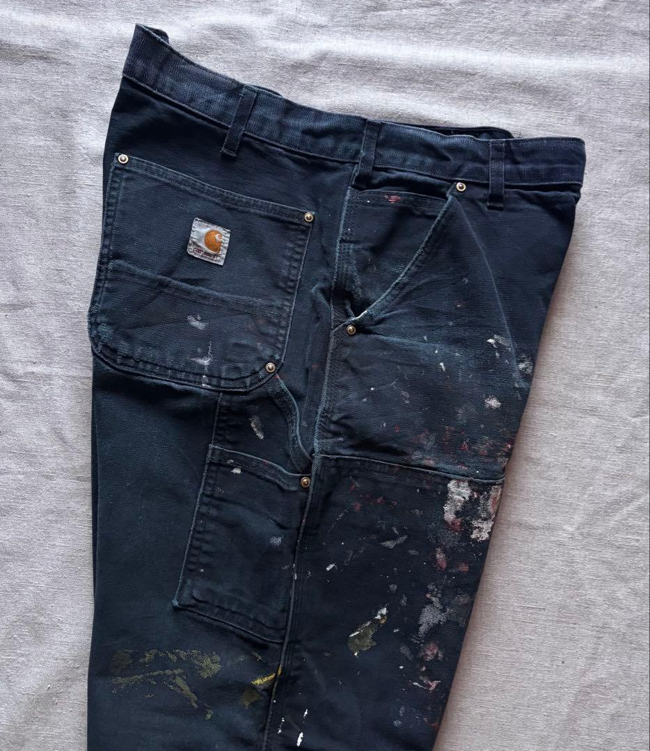 【雰囲気抜群】Carhartt ダブルニー USA製 ブラック フェード ボロ