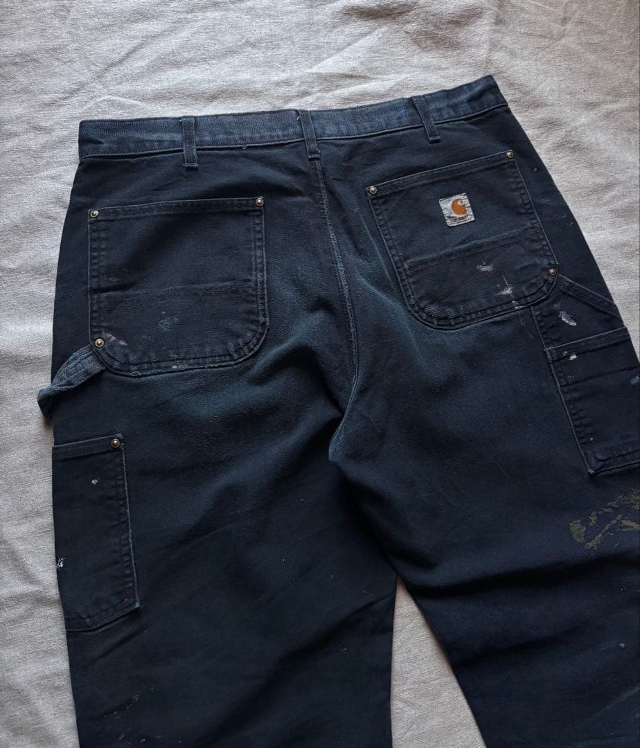 【雰囲気抜群】Carhartt ダブルニー USA製 ブラック フェード ボロ