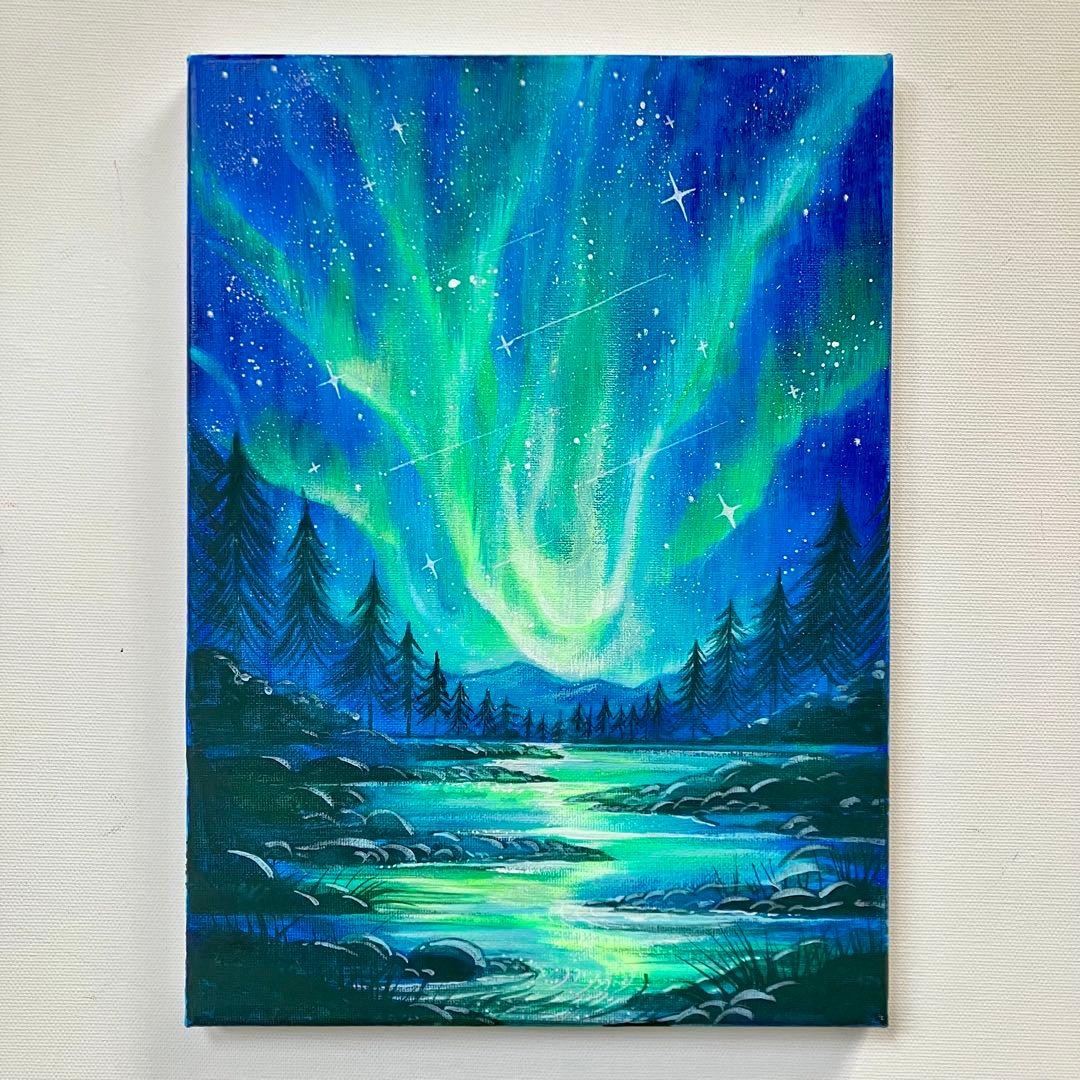 オーロラの夜景＊絵画 原画 風景画 冬 クリスマス 夜空 星空 アクリル