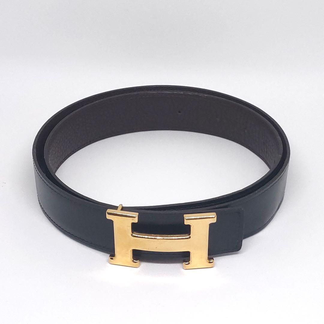 HERMES エルメス H レザー ベルト ブラック ブラウン 90 32MM