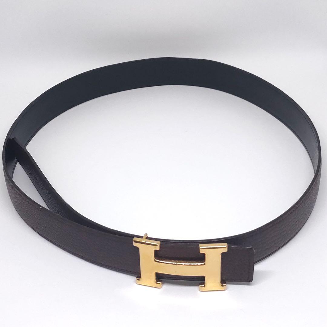 HERMES エルメス H レザー ベルト ブラック ブラウン 90 32MM