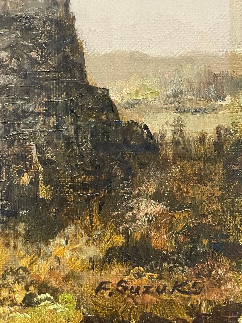 「真作」鈴木福男「古城」風景画　油彩画　額装　サイン有り　SM号