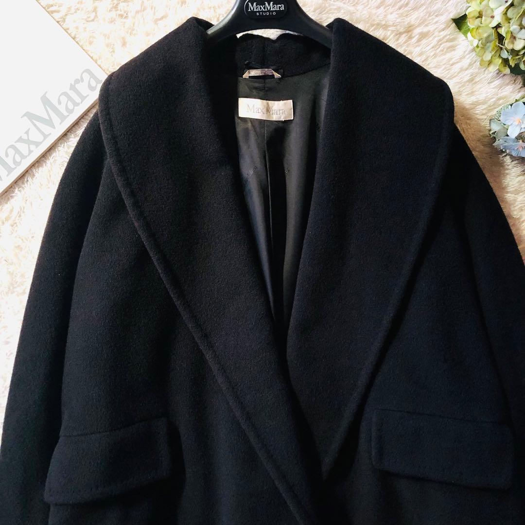 希少42大きめ✨マックスマーラ ガウンコート マキシ カシミヤ ビッグカラー 黒