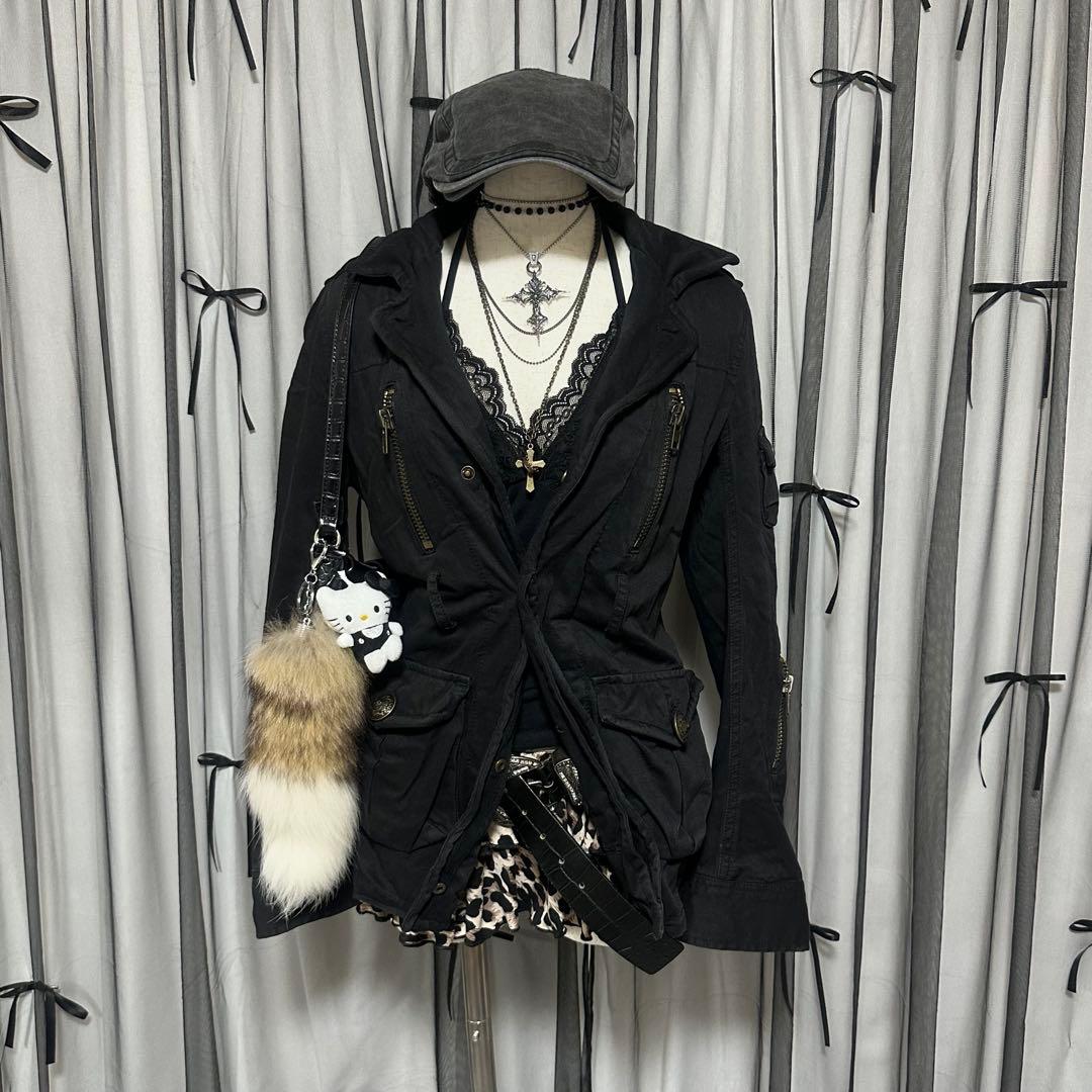 平成ギャル y2k リアルファー ミニタリージャケット ダークコア